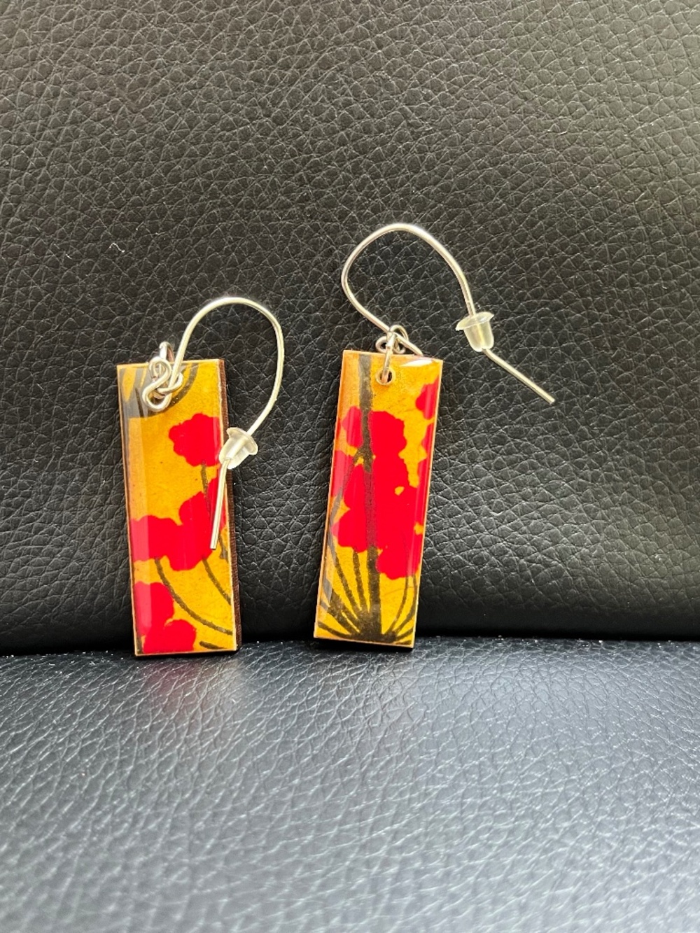 Lacquered Red & Yellow Dangly Flower Earrings